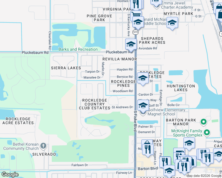 map of restaurants, bars, coffee shops, grocery stores, and more near 1303 Georgia Avenue in Rockledge