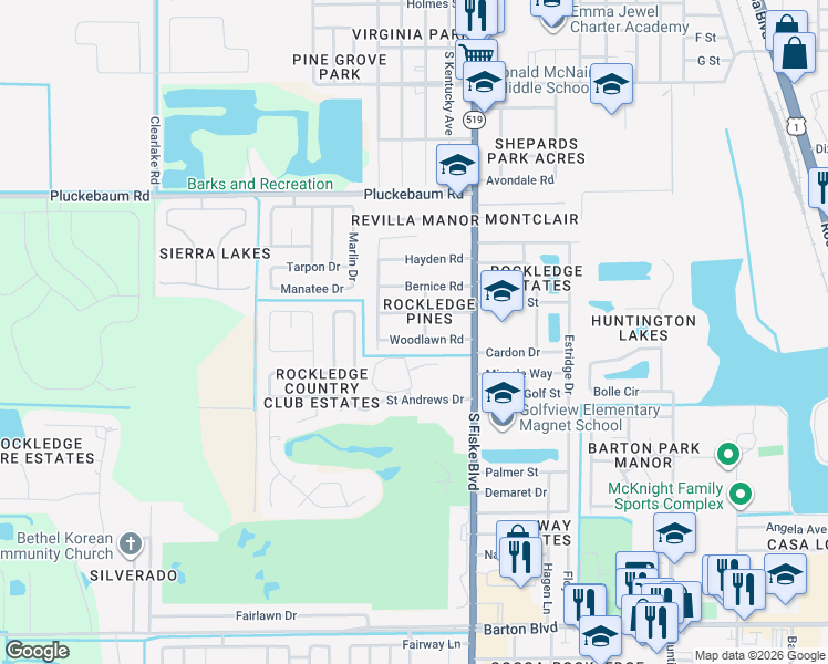 map of restaurants, bars, coffee shops, grocery stores, and more near 1104 Woodlawn Road in Rockledge