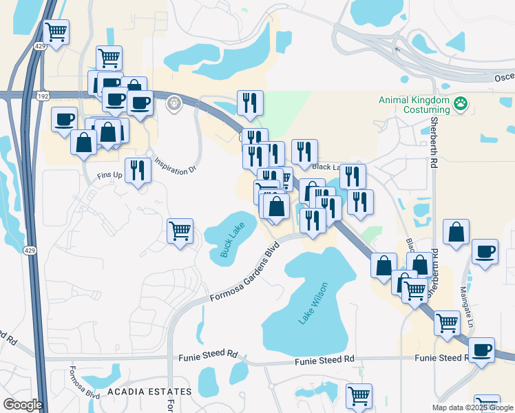 map of restaurants, bars, coffee shops, grocery stores, and more near 3101 Sun Lake Court in Kissimmee