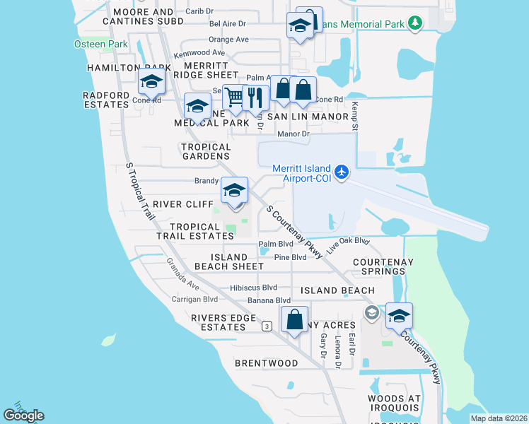 map of restaurants, bars, coffee shops, grocery stores, and more near 920 Garden Road in Merritt Island