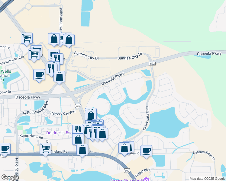 map of restaurants, bars, coffee shops, grocery stores, and more near 4870 Clock Tower Drive in Kissimmee