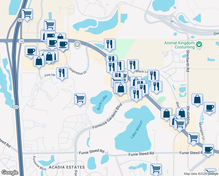 map of restaurants, bars, coffee shops, grocery stores, and more near 3101 Sun Lake Court in Kissimmee
