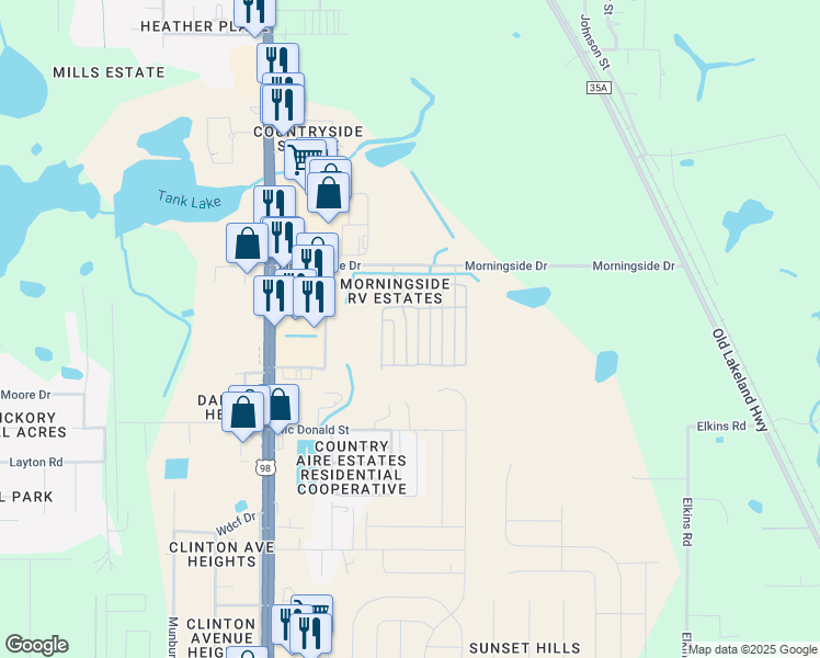 map of restaurants, bars, coffee shops, grocery stores, and more near 125 Morning Drive in Dade City