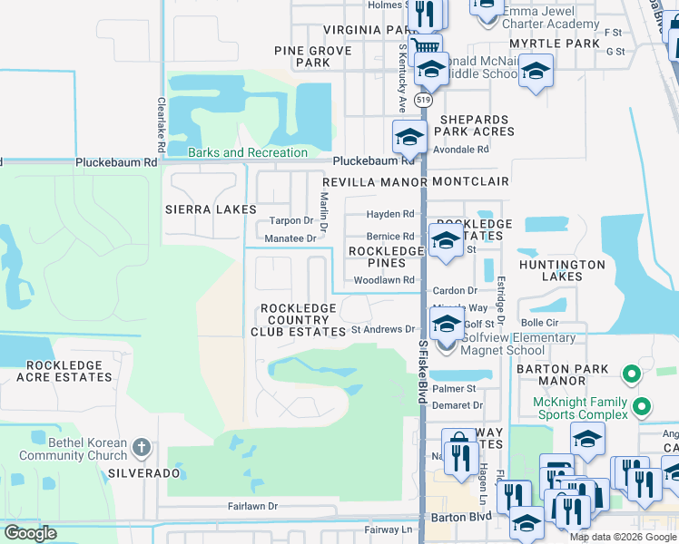 map of restaurants, bars, coffee shops, grocery stores, and more near 1303 Georgia Avenue in Rockledge