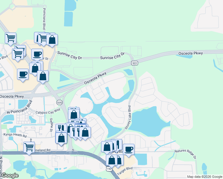 map of restaurants, bars, coffee shops, grocery stores, and more near 3111 Paradox Circle in Kissimmee