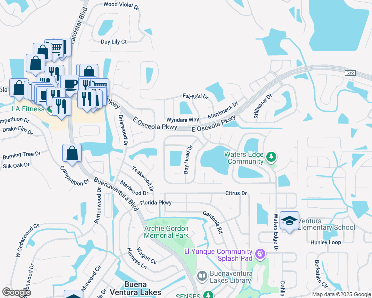 map of restaurants, bars, coffee shops, grocery stores, and more near 231 Bay Head Drive in Kissimmee