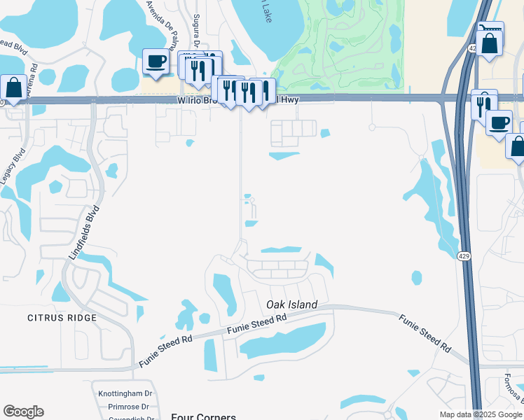 map of restaurants, bars, coffee shops, grocery stores, and more near 3177 Feltrim Place in Kissimmee