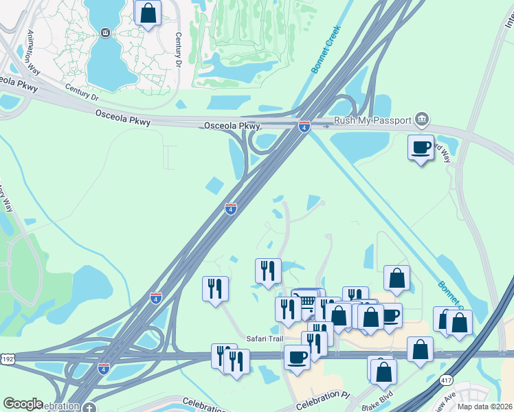 map of restaurants, bars, coffee shops, grocery stores, and more near Florida 400 in Kissimmee