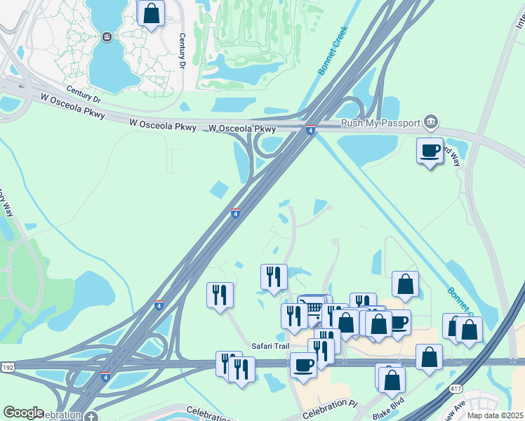 map of restaurants, bars, coffee shops, grocery stores, and more near Florida 400 in Kissimmee
