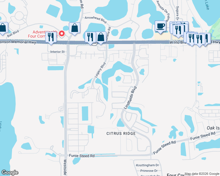 map of restaurants, bars, coffee shops, grocery stores, and more near 8844 Parliament Court in Kissimmee