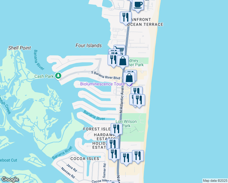 map of restaurants, bars, coffee shops, grocery stores, and more near 101 Bimini Road in Cocoa Beach