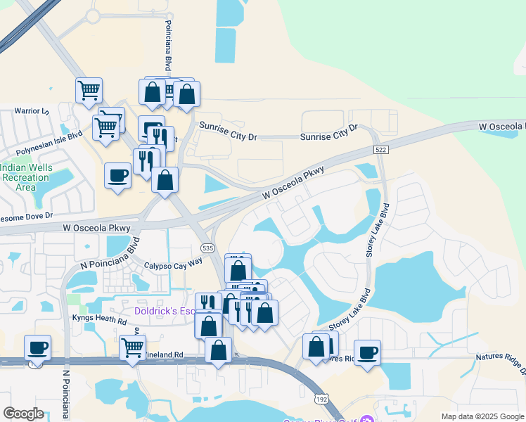 map of restaurants, bars, coffee shops, grocery stores, and more near 3071 Pequod Place in Kissimmee
