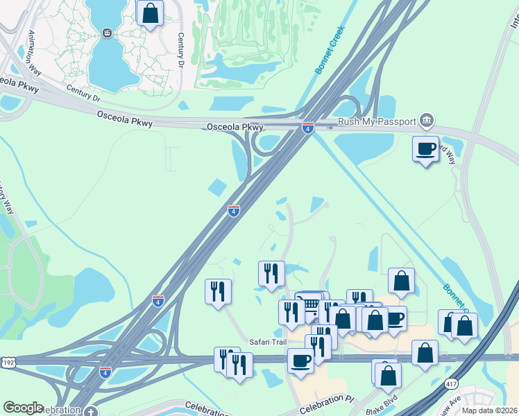 map of restaurants, bars, coffee shops, grocery stores, and more near Florida 400 in Kissimmee