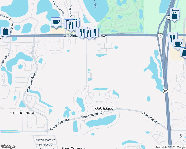 map of restaurants, bars, coffee shops, grocery stores, and more near 3177 Feltrim Place in Kissimmee