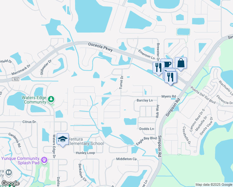 map of restaurants, bars, coffee shops, grocery stores, and more near 2614 Brigg Court in Kissimmee