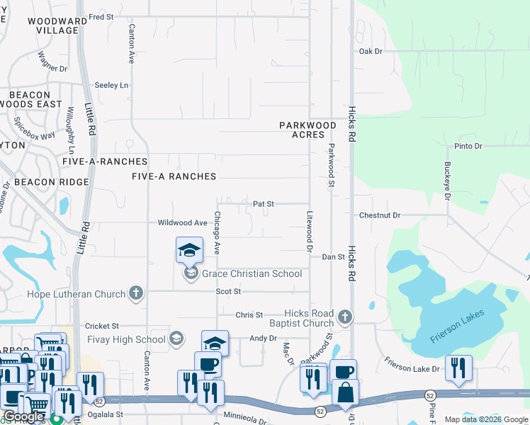 map of restaurants, bars, coffee shops, grocery stores, and more near 9634 Pat Street in Hudson