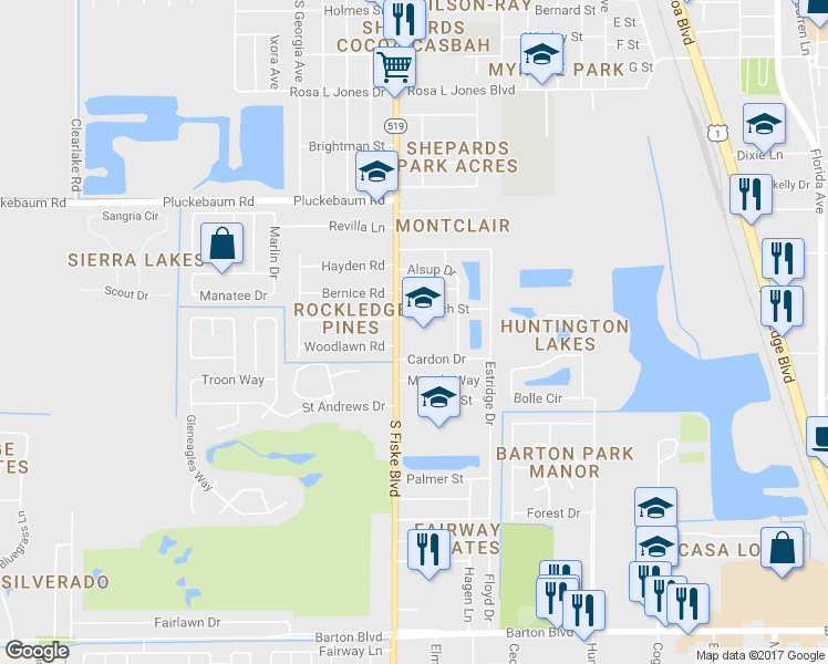 map of restaurants, bars, coffee shops, grocery stores, and more near 1330 South Fiske Boulevard in Rockledge