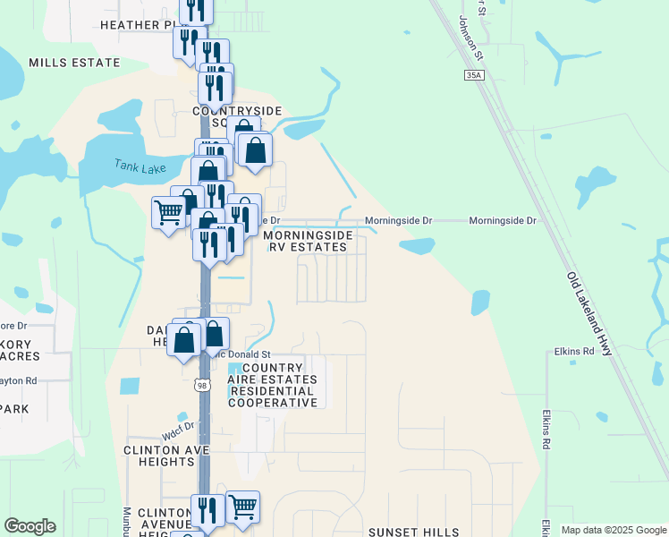map of restaurants, bars, coffee shops, grocery stores, and more near 125 Morning Drive in Dade City
