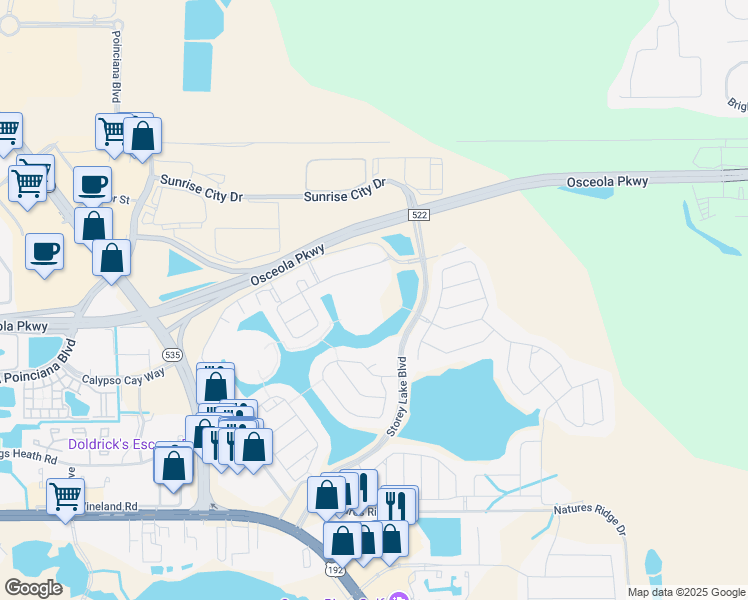 map of restaurants, bars, coffee shops, grocery stores, and more near 3150 Paradox Circle in Kissimmee