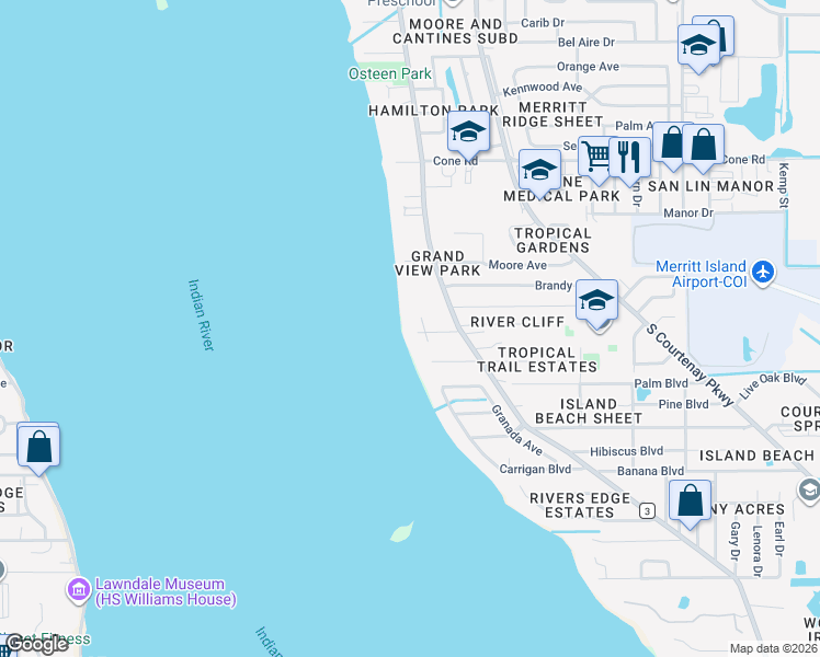 map of restaurants, bars, coffee shops, grocery stores, and more near 106 Victoria Street in Merritt Island