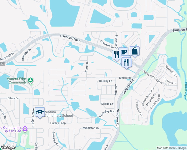map of restaurants, bars, coffee shops, grocery stores, and more near 2712 Port Court in Kissimmee