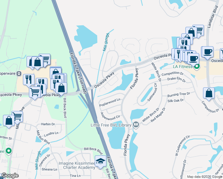 map of restaurants, bars, coffee shops, grocery stores, and more near 310 Plumwood Circle in Kissimmee