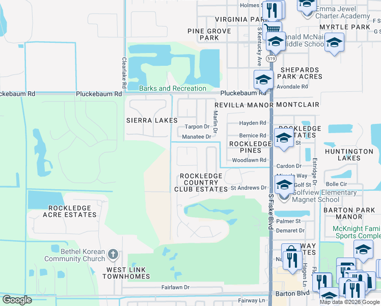 map of restaurants, bars, coffee shops, grocery stores, and more near 1273 Royal Birkdale Court in Rockledge