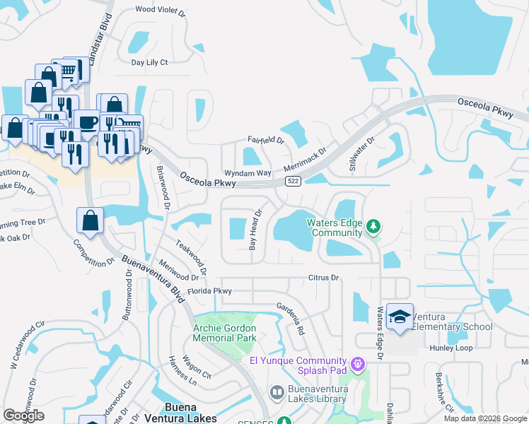 map of restaurants, bars, coffee shops, grocery stores, and more near 231 Bay Head Drive in Kissimmee