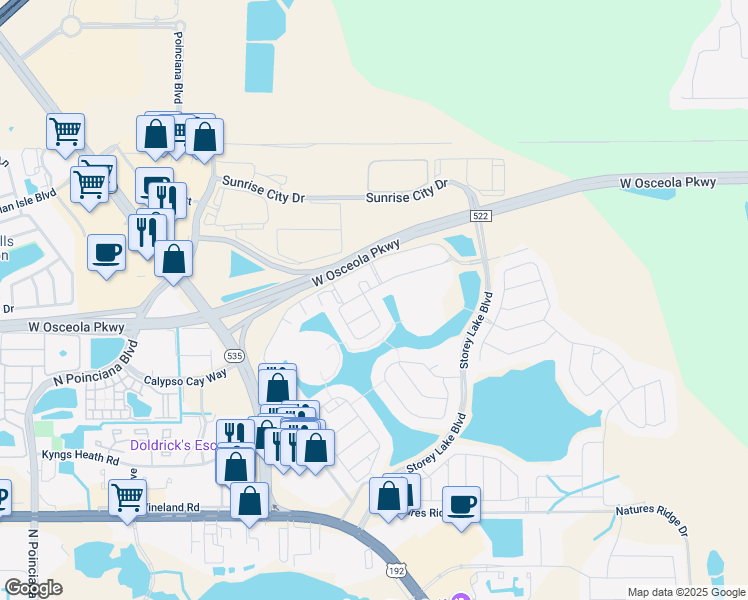 map of restaurants, bars, coffee shops, grocery stores, and more near 4870 Clock Tower Drive in Kissimmee