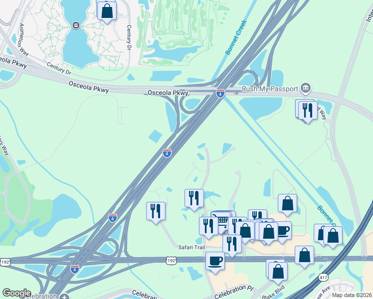 map of restaurants, bars, coffee shops, grocery stores, and more near 3100 Parkway Boulevard in Kissimmee
