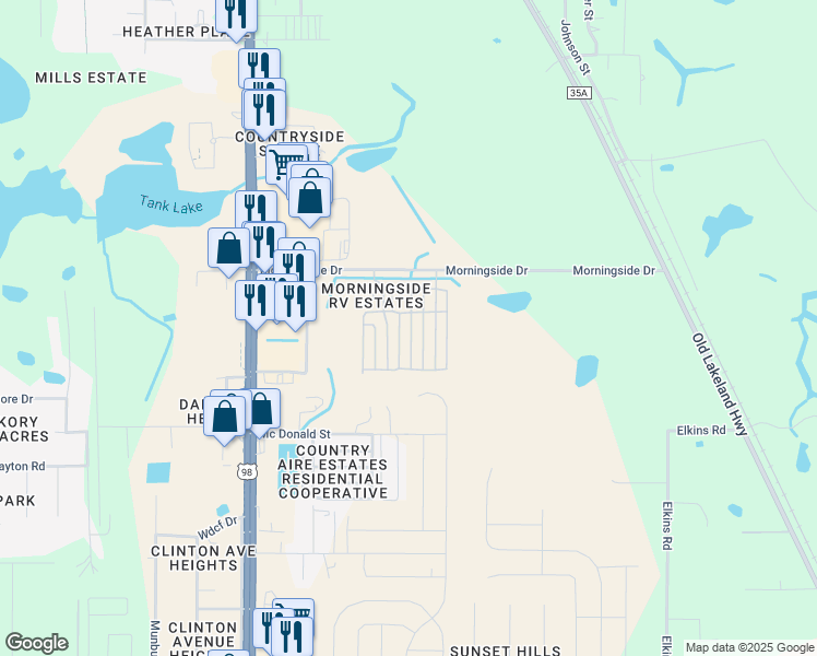 map of restaurants, bars, coffee shops, grocery stores, and more near 125 Morning Drive in Dade City