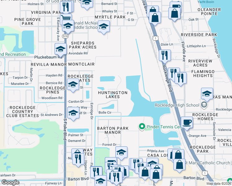 map of restaurants, bars, coffee shops, grocery stores, and more near 1129 Serengeti Way in Rockledge