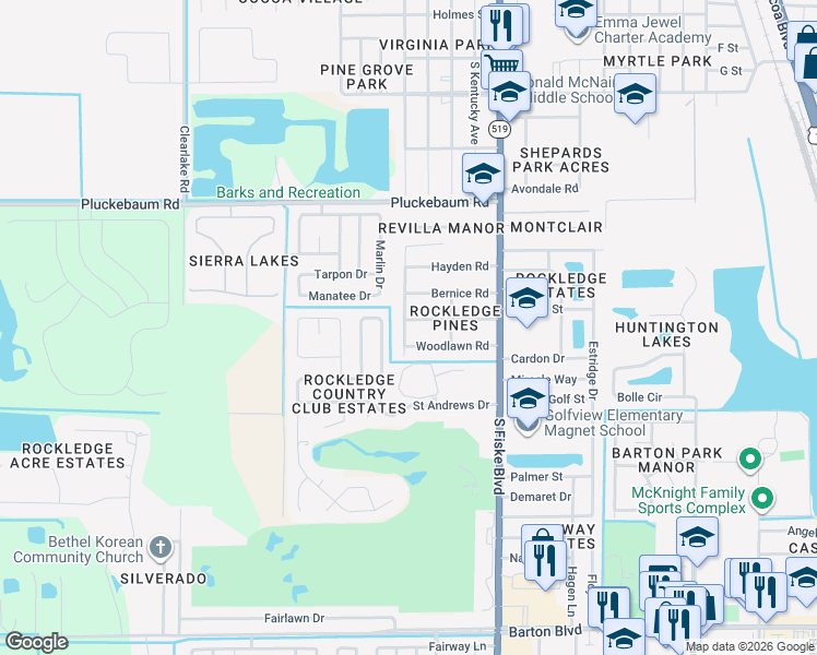 map of restaurants, bars, coffee shops, grocery stores, and more near 1303 Georgia Avenue in Rockledge
