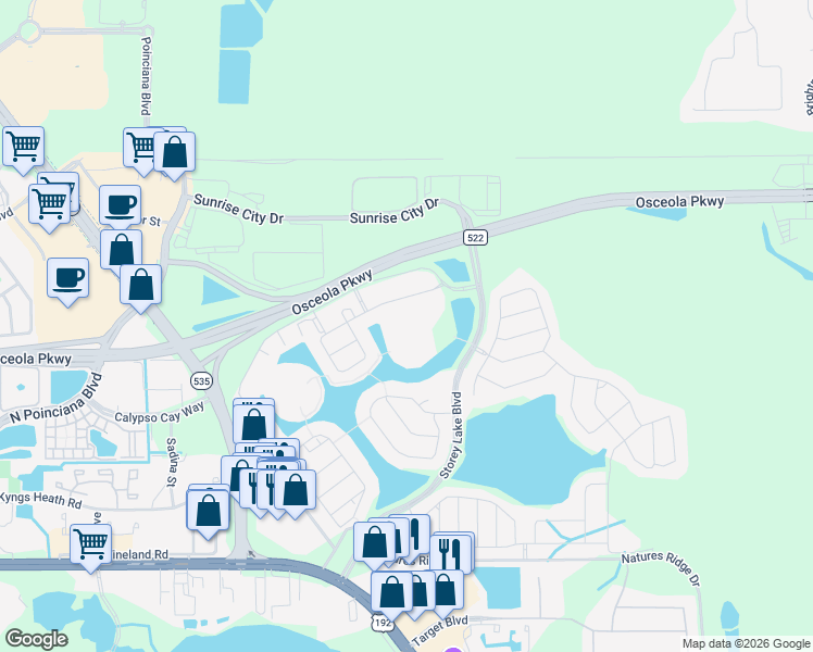 map of restaurants, bars, coffee shops, grocery stores, and more near 3150 Paradox Circle in Kissimmee