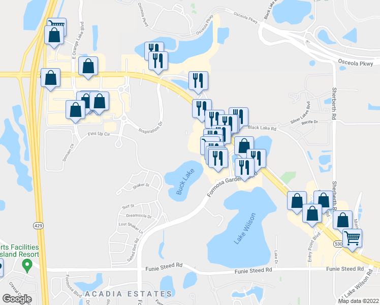 map of restaurants, bars, coffee shops, grocery stores, and more near 3119 Sun Lake Court in Kissimmee