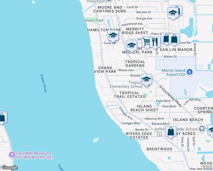 map of restaurants, bars, coffee shops, grocery stores, and more near 887 South Tropical Trail in Merritt Island