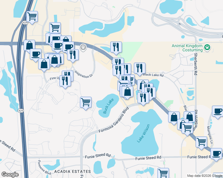 map of restaurants, bars, coffee shops, grocery stores, and more near 3119 Sun Lake Court in Kissimmee