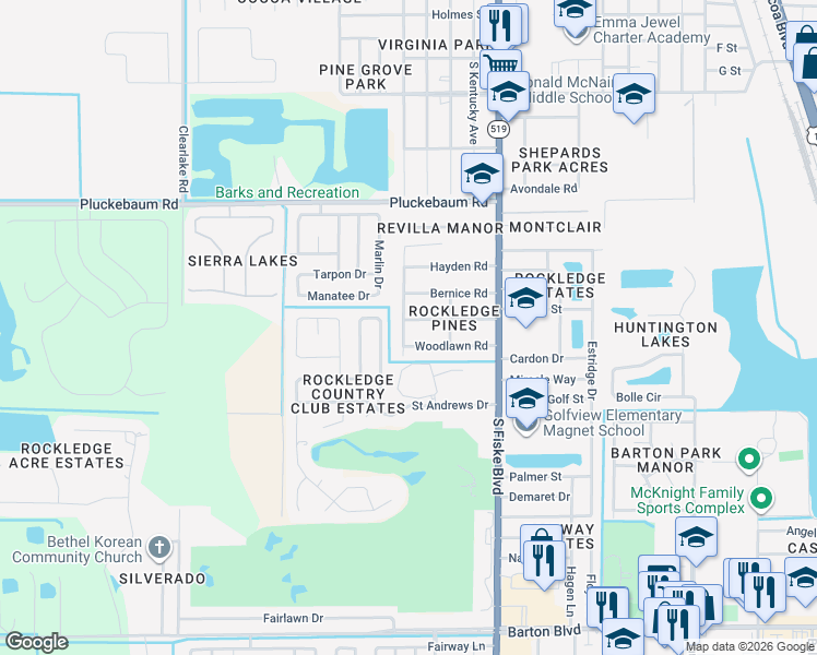 map of restaurants, bars, coffee shops, grocery stores, and more near 1303 Georgia Avenue in Rockledge