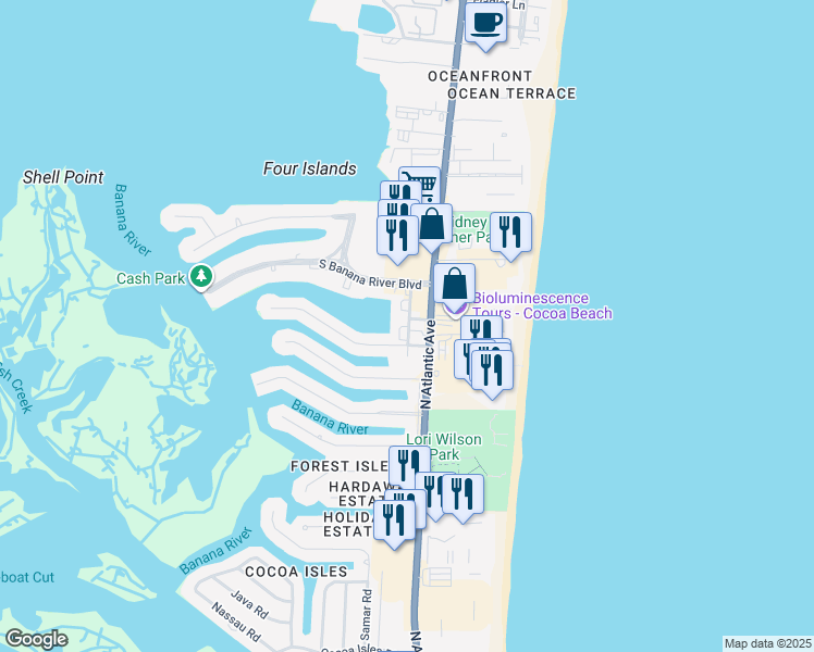 map of restaurants, bars, coffee shops, grocery stores, and more near 101 Bimini Road in Cocoa Beach