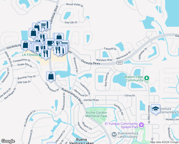 map of restaurants, bars, coffee shops, grocery stores, and more near 130 Sandalwood Drive in Kissimmee