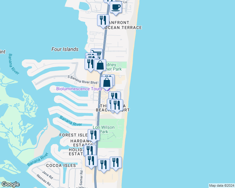 map of restaurants, bars, coffee shops, grocery stores, and more near 1860 North Atlantic Avenue in Cocoa Beach