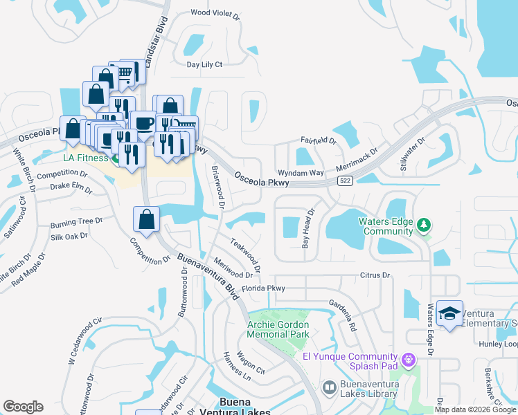 map of restaurants, bars, coffee shops, grocery stores, and more near 130 Sandalwood Drive in Kissimmee