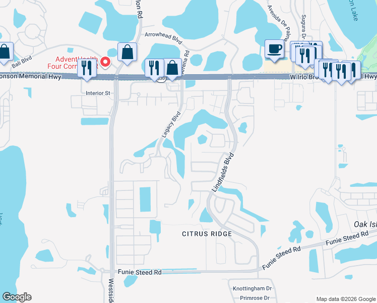 map of restaurants, bars, coffee shops, grocery stores, and more near 8844 Parliament Court in Kissimmee