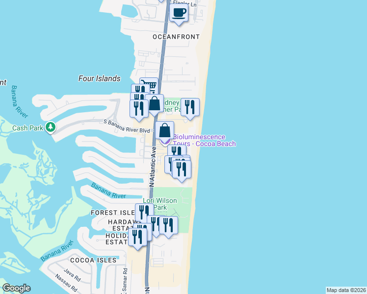 map of restaurants, bars, coffee shops, grocery stores, and more near 1860 North Atlantic Avenue in Cocoa Beach