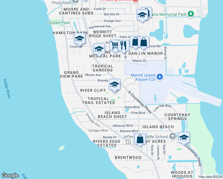 map of restaurants, bars, coffee shops, grocery stores, and more near 885 S Courtenay Pkwy in Merritt Island