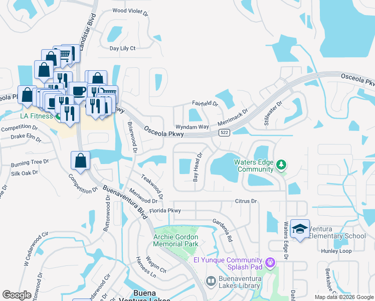 map of restaurants, bars, coffee shops, grocery stores, and more near 104 Lochness Lane in Kissimmee