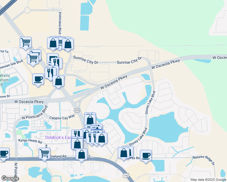 map of restaurants, bars, coffee shops, grocery stores, and more near 4870 Clock Tower Drive in Kissimmee