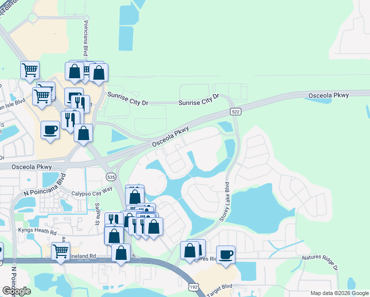 map of restaurants, bars, coffee shops, grocery stores, and more near 4870 Clock Tower Drive in Kissimmee