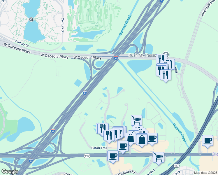 map of restaurants, bars, coffee shops, grocery stores, and more near Parkway Boulevard in Kissimmee