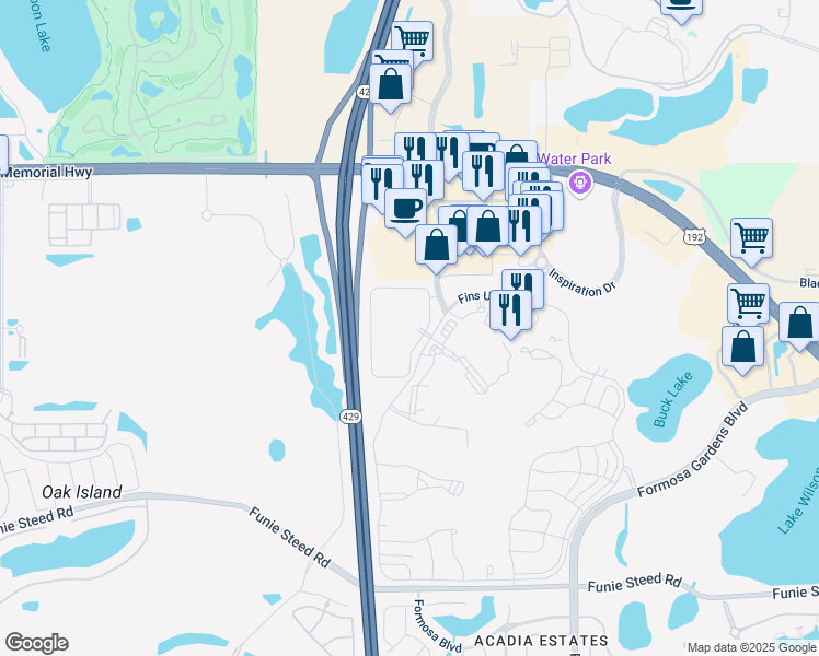 map of restaurants, bars, coffee shops, grocery stores, and more near 3158 Domain Circle in Kissimmee